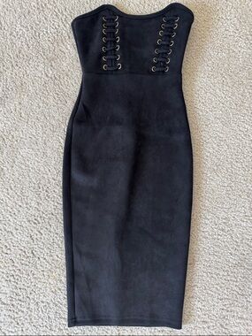 Oh Polly Strapless Black Suede Midi Dress